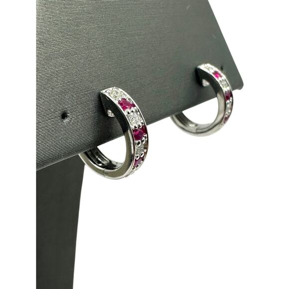 Shane Co. 14K White Gold Diamon & Red Stone Mini Hoop Earrings (16204) - Picture 7 of 16